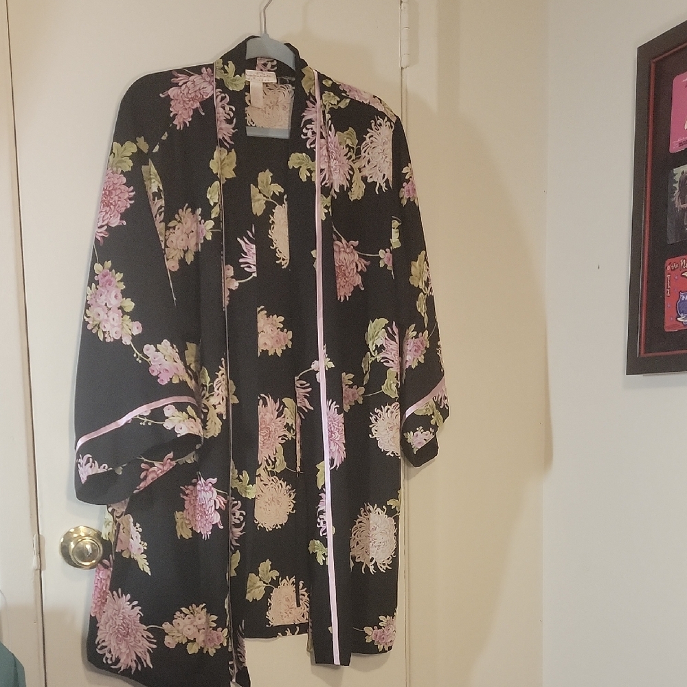 Oscar de la Renta Pink Label Y2K Robe Kimono Style Floral Black and Pink XL